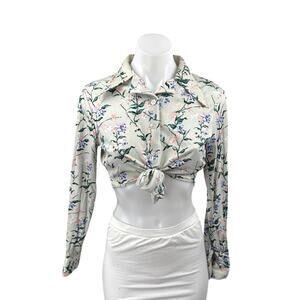 Women's Green Floral Long Sleeve Tie Knot Button Down Shirt Crop Top Size XL